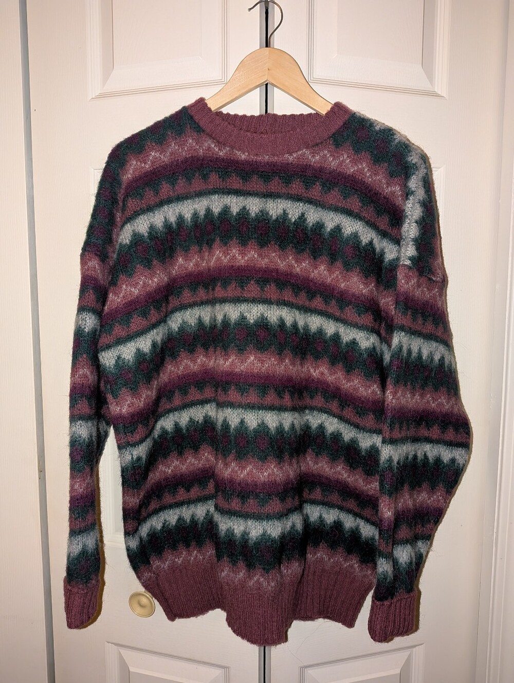 Icelandic Wool Striped Crewneck Sweater - Plum, Forest Green & Gray